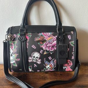 Ed Hardy Black Handbag & Crossbody Bag Floral & Skull Print Satchel NWT